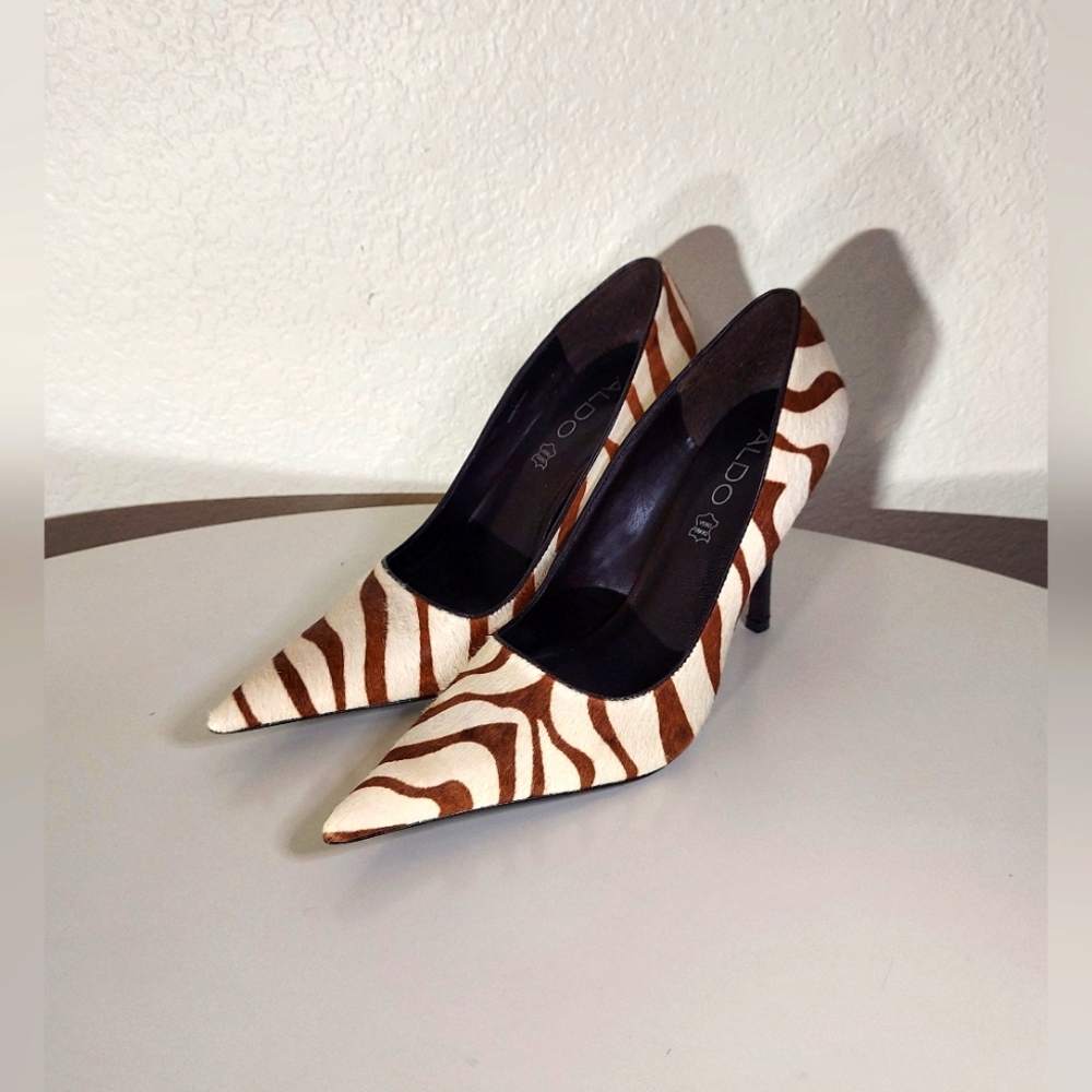 Aldo Calf Hair Brown & White Animal Patterned Pointy Toe Heels